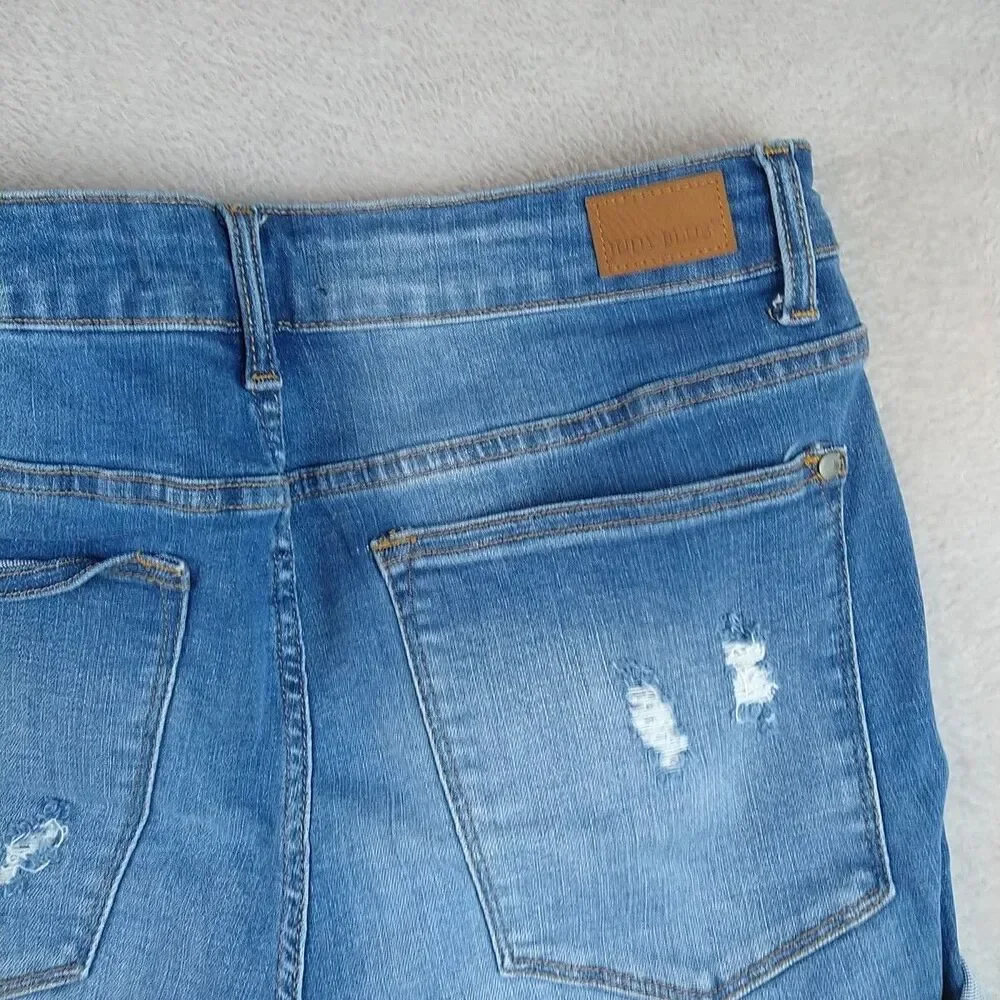 Judy Blue High Rise Cuffed Leopord Denim Shorts Women's 1XL Distressed cutoffs - Picture 12 of 12